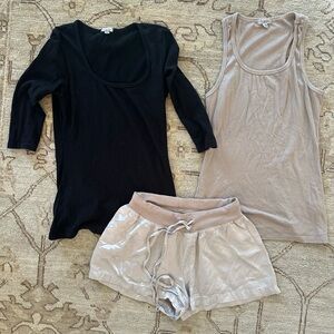 Black Top, Beige Tank, and Cream Shorts Set